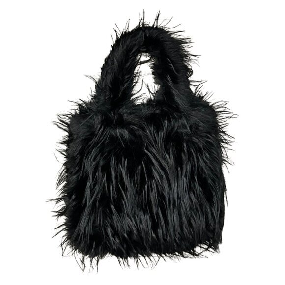 Stylish Black Faux Fur Handbag with‎ Magnetic Snap Closure & Zipper Pocket - Picture 1 of 2